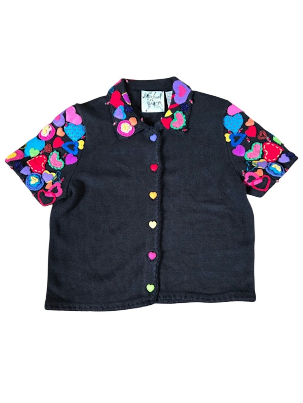 Vintage 90s Michael Simon Heart Applique Knit Cardigan Retro Art Size Medium